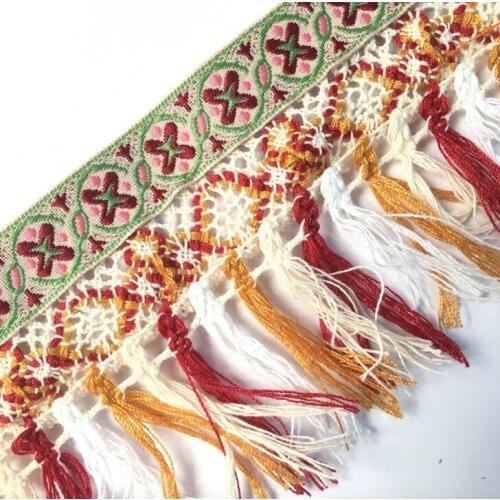 Embroidery ethnic jacquard webbing woven tape cluny lace tassel fringe trim ribbon 9cm tribal boho DIY native denim african deco