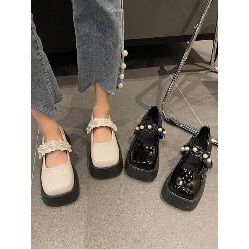 2021 womens Square toe shoes summer new Japanese Style Waterproof Platform Mary Jane leather shoes white College Student