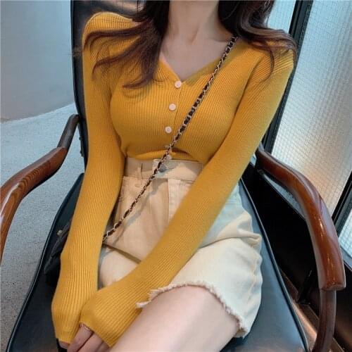 Womens spring and autumn new solid color V-neck single-breasted knit cardigan slim top long sleeve thin casual womens sweater