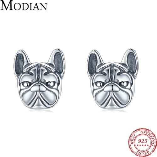 Modian Real 925 Sterling Silver Animal Loyal French Bulldog Partners Dog Stud Earrings for Women Exquisite Fine Jewelry Bijoux