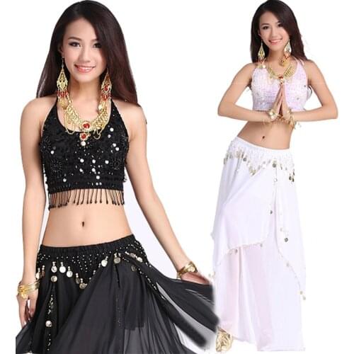 2pcs Women Belly Dance Clothing 5 Flowers Top+Gold Coins Skirt Belly Dancing Suit For Lady Belly Dance Costumes BlacK White