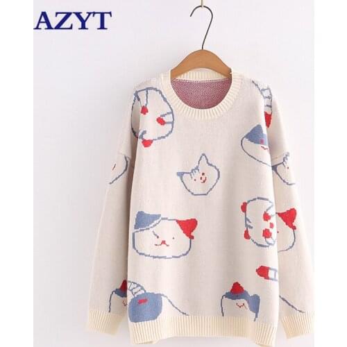 AZYT Japanese Cartoon Print Women Sweater Pullovers Autumn Winter O Neck Loose Knitwear Jumpers Female Fashion Base Sweater 2021
