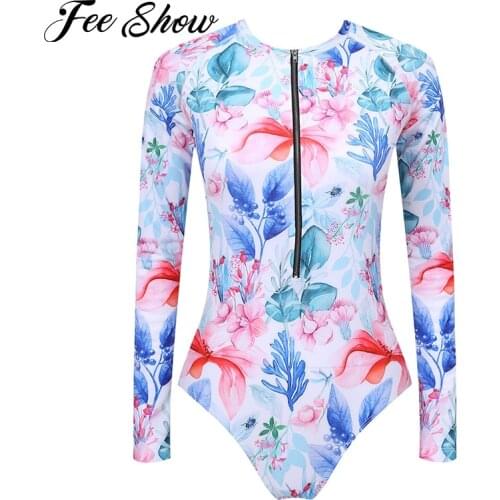 Women Summer One-piece Swimwear Floral Print Swimsuits Beachwear Long Sleeves Front Zipper Jumpsuits Swimming Suit Bathing Suits