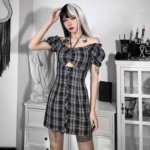 Plaid Off Shoulder Gothic Mini Dress Women Sexy Cut Out Summer Black Halter Dress Grunge Bodycon Pencil Party Clothes 2021