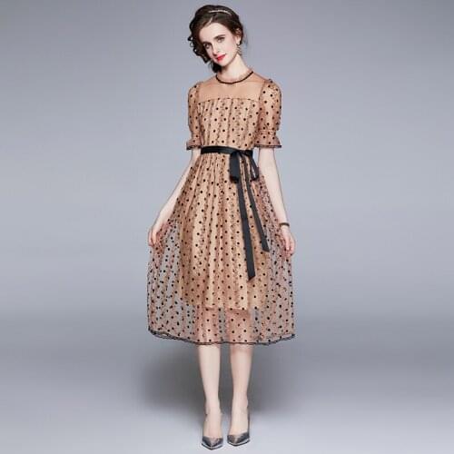 Elegant Boho Party Embroidery Summer Short Sleeve Dot Print Lace Dress Luxury A-Line Bow Belt Women Runway Dress k6723