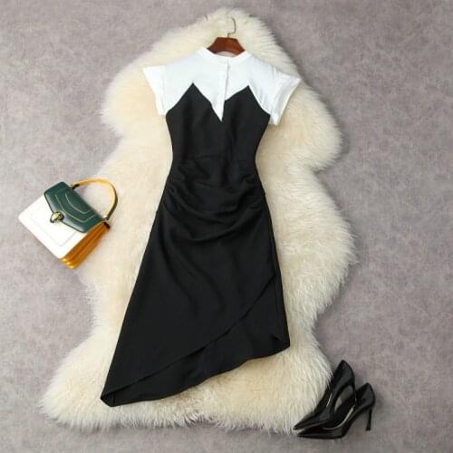 Womens Dress Summer 2021 New Simple Patchwork Color Stand Collar Short Sleeves Slim Irregular Fashion Dresses S-XL