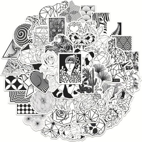 10/50 Pcs Funny Black and White Stickers Graffiti Sticker for Laptop Luggage Car Styling Geometric Animals Cool Sticker