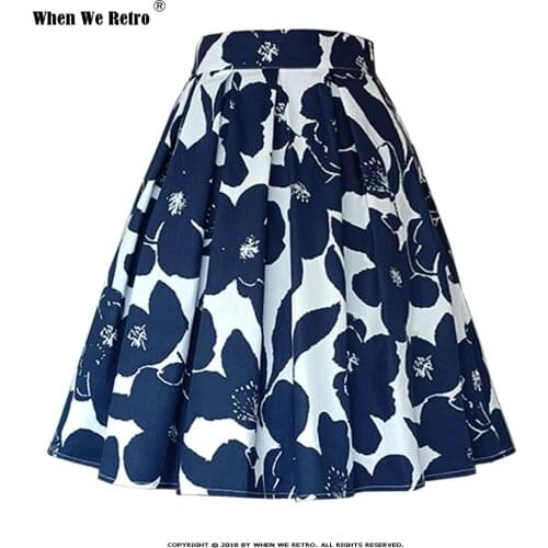 2021 50S Women Floral Printed Pleated Skirt Summer High Waist Harajuku White with Blue Pinup Retro Vintage Midi Skirts SS0012