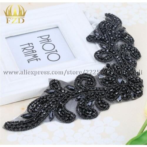 30pieces) Black Crystal Motif Rhinestones Patches Wedding Beaded Applique Trim For Clothes Strass Glass Sew On Sashes Belt