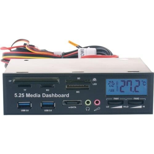 5.25" Multi USB 3.0 Hub CF TF M2 SD MS Card Reader Fan Controller With LCD Display PC Front Panel Media Dashboard ESATA Audio