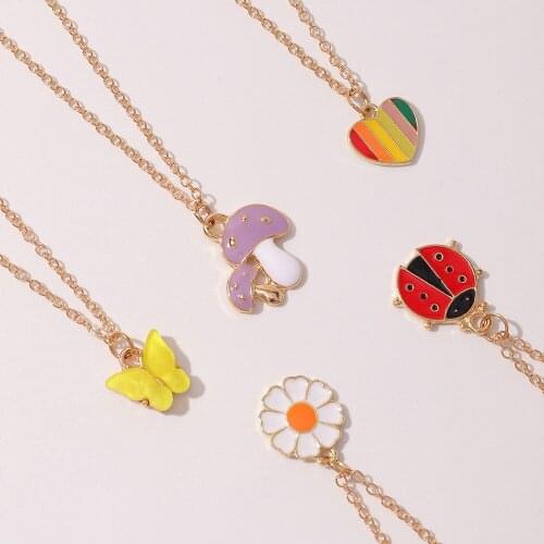 5pcs/set New Colorful Heart Necklace For Women Men Gold Color Chain Mushroom Butterfly Pendant Necklace Cute Jewelry Gift