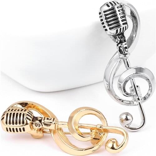 Microphone Music Note Brooches For Gold & Silver Color Lapel Pin Men Backpack Bags Badge Kids Gifts