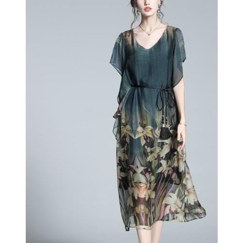 Silk French Loose Long Dress Ruffle Sleeve Casual Patchwork V-Neck Sashes Vintage tea break Dresses Flower Women Dress 2021