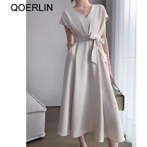 QOERLIN Elegant Belted V-neck Women Midi Dress High Waist Solid Vestido Femme Side Pocket Stylish Black Dresses Ladies Workwear