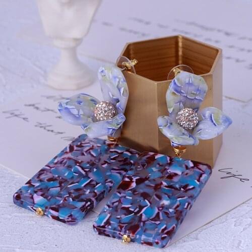 European and American big brand jewelry fashion resin flower inlay blue geometric square personality exaggerated Earrings