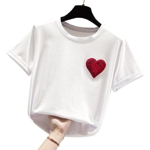 Embroidery Love T shirt Women Clothes 2021 Summer Tops Female Tshirt White Tee Shirt Femme Short Sleeve Cotton Tops Black