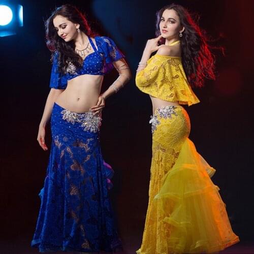 New fashion quality lace Rhinestone sexy Belly dancing 2pcs set for women/female/girl/lady,Adult costume performance wear QC2630