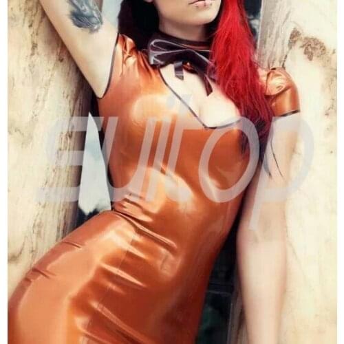 Latex Rubber mini dress in Metallic Bronze and black trim (hidden back zip ) Suitop