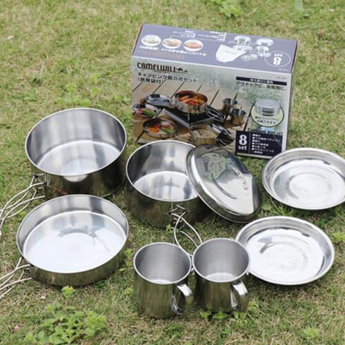 ZK30 Stainless Steel Cookware Set 8-piece Outdoor Camping Tableware Hiking Picnic Backpacking Portable Cookware Camping Bowl Set