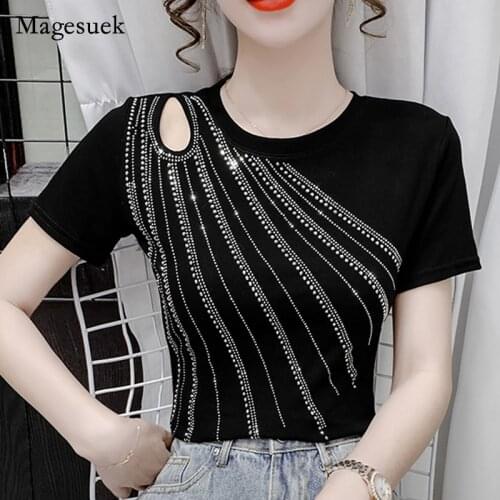 2021 Summer New Fashion Design T-shirt Women Noble Diamond Thin Short-sleeved T-shirt Female Urbanization Chemisier Femme 15387