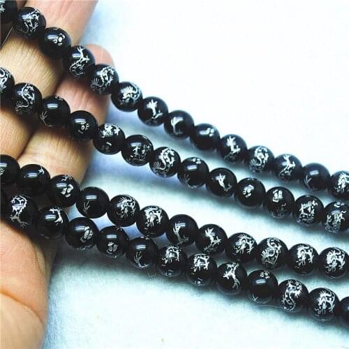 New Glass Beads Silver Dragon Round Shape 8MM 10MM Black Colors For Women Jewelry DIY Accessories Craft Findings