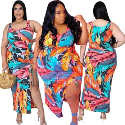 Print Plus Size Dresses for Women Wholesale Summer 2021 Bandage Split Hem Vest Beach Style Holiday New Maxi DressDropshipping