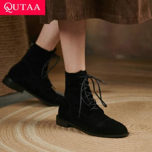 QUTAA 2022 New Fashion Women Ankle Boots Lace Up Sheepskin Autumn Round Toe Square Low Heel Ladies Motorcycle Boots Size 34-39