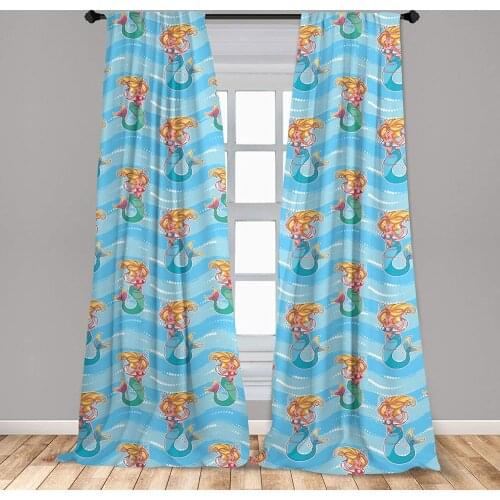 Mermaid Curtain Character with Pearls on Wavy Ocean Backdrop Girls Cartoon Fantasy Window Curtain Living Room Bedroom