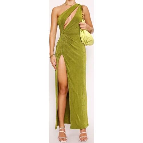 Wsevypo Sexy Cut Out One-Shoulder Draped Split Maxi Dress Party Evening Vestidos Womens Backless Suspender Long Dress Solid