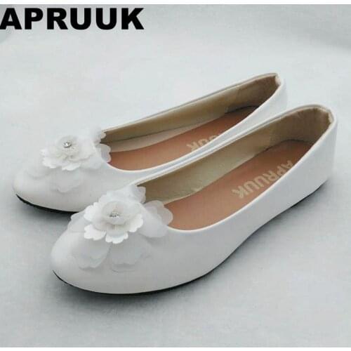 White flat wedding shoes women adult flats woman ballet flower girls party flats shoes white plus sizes brides shoes