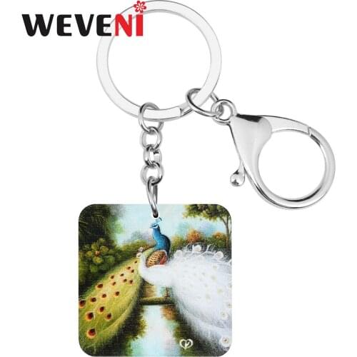 WEVENI Acrylic Square Lovely Peacock Bird Keychains Big Animal Keyring Jewelry For Women Lover Kids Fashion Gift Car Accessories