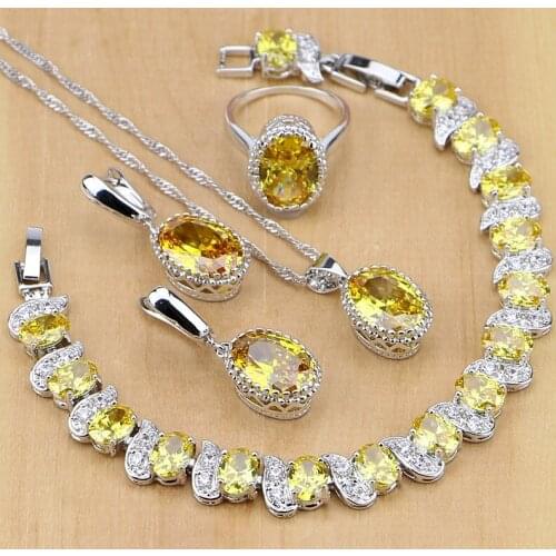 925 Silver Jewelry Yellow Cubic Zirconia Jewelry Sets for Women Earrings/Pendant/Necklace/Rings/Bracelet
