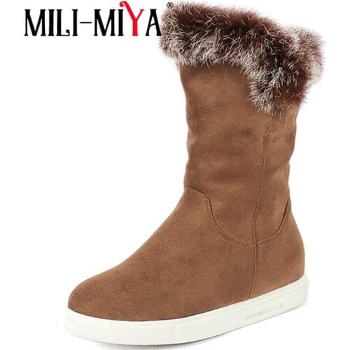 MILI-MIYA Fashion women snow boot flock rabbit hair warm fur comfortable falt with mid-calf slip-on solid handmade free shipping