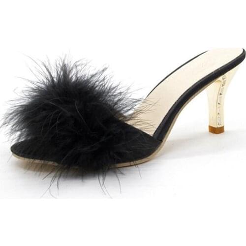 2021 Summer Shoes Woman Feather Thin High Heels Fur Slippers Peep Toe Mules Lady Pumps Slides Shoes Big Size