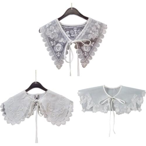 Pastoral Style Women Girls White Lace False Collar Sweet Embroidery Love Floral Lapel Necklace Hanfu Costume Shawl Decor G5AE
