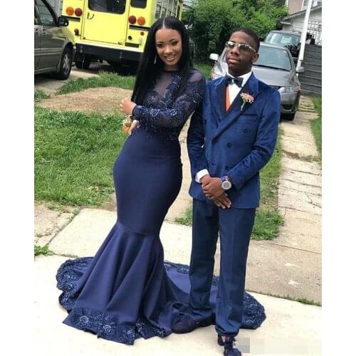 Navy Blue Mermaid Evening Dress 2019 high Neck Lace Appliques Beaded abiye Illusion Long Sleeves robe de soiree Prom dresses