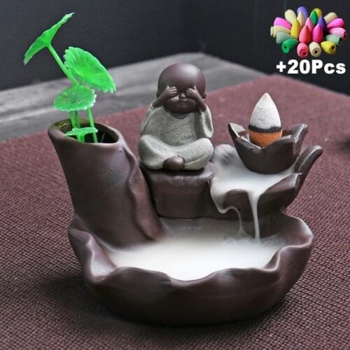 +20Incense Home Decorations Monk Buddha Waterfall Backflow Incense Burner Incense Stick Holder Green Plant Hydroponic Flower Pot