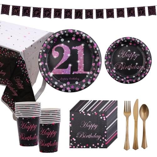 21-year-old Tableware Happy Birthday Pink Letters Disposable Black Paper Napkins Cups and Plates Parties Wedding Decoratio