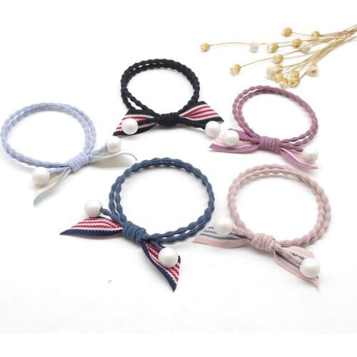 5pcs in) Girls thicker hair deco ribbon with two pearl beads knotted Hair Elastics Bands Gums toddler ponytail holder DX129