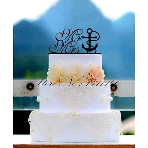 Unique Design Anchors Shape Mr & Mrs Acrylic Wedding Cake Topper Black Cake Topper wedding decoration with free shipping