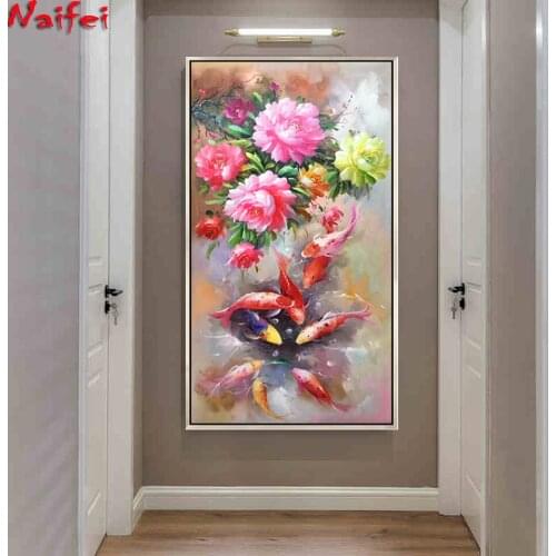 Diamond Painting "Peony & Nine Fish Painting"5D DIY Diamond Embroidery Flower Cross Stitch Kit Rhinestone Mosaic Art Home Decor