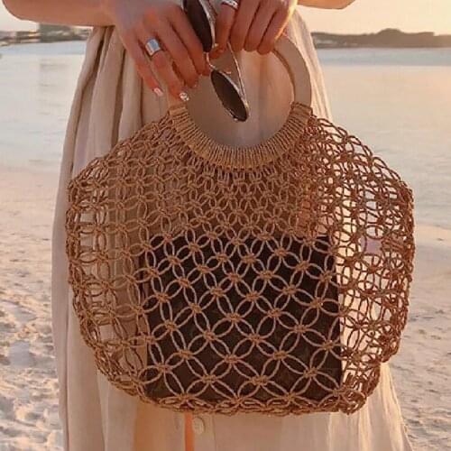 Hollow Woven Straw Bag Fashion Mesh Women Handbag Summer Wooden Handle Beach Bags for Women 2021 Brands Bali Travel Clutch Purse
