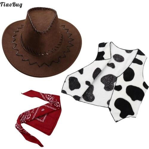 Kids Cowgirl Western Cowboy Felt Drawstring Hat With Bandanna Flannel Sleeveless Cow Print Vest Set For Halloween Party Costume