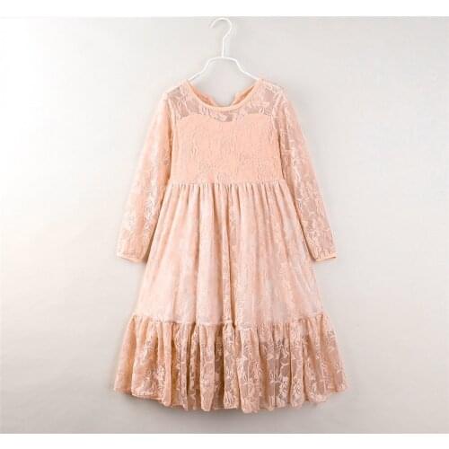 Kids Spring Long Sleeve Dresses for Girls Pink Lace O-Neck Baby Girl Party Bow Princess Dress Toddler Teenage Children Clothes