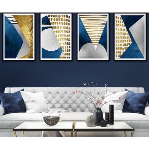 Geometric Blue Golden Canvas Poster and Print Abstract Painting Nordic Style Wall Art Pictures for Living Room Modern Home Decor