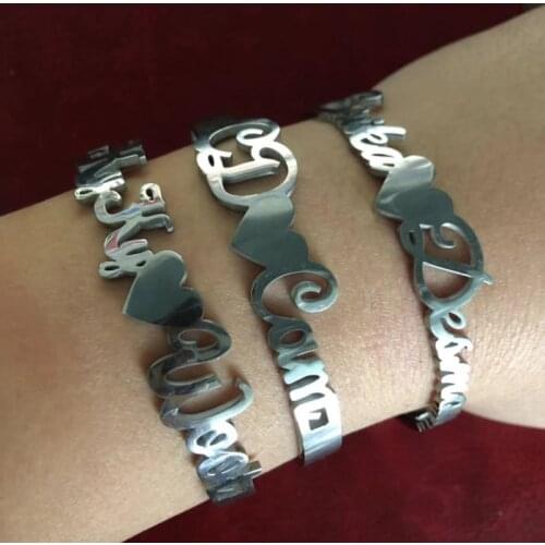 Custom Name Bangles Personalized Name Bracelet Heart Crown Shaped Adjustable DIY Nameplate Open Bangle For Women Kids