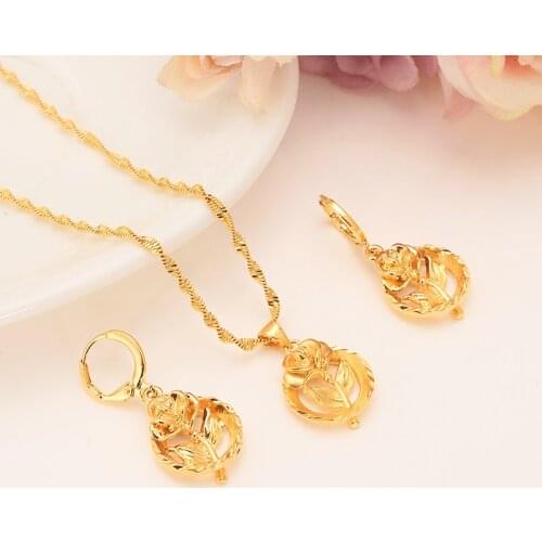 BangruiEthiopian women Jewelry set Gold filled rose Pendant Necklaces/Earrings African Bridal Habesha Ethiopia Wedding girl Gift