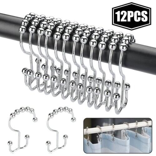 12 pcs Stainless Steel Curtain Hooks Bath Curtain Rollerball Shower Curtain Rings Hooks 5 Rollers Polished Satin Nickel Ball