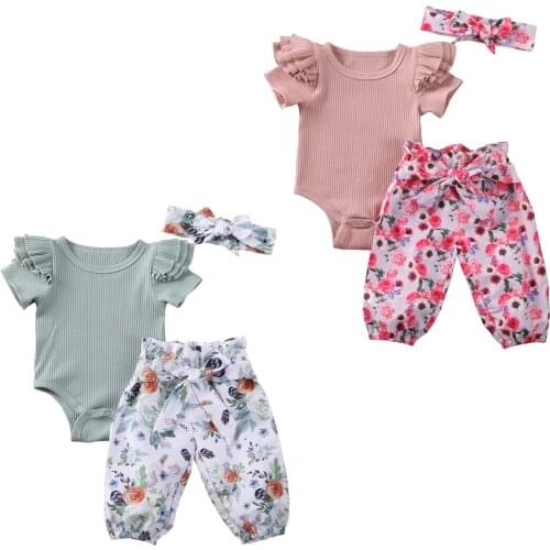 Baby Summer Clothing Kid 3Pcs Outfit Set Baby Girl Ruffle Short Sleeve Ribbed Romper + Girls Floral Pants + Newborn Bow Headband