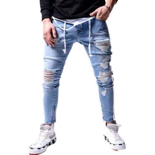 Fashion LOGO Mens Skinny Straight Ripped Biker Street Destroyed Frayed Ripped Denim Pants Side Stripe Pencil Pants HipHop Jeans